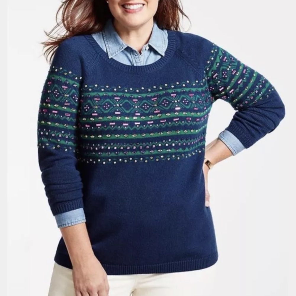 Talbots Bedazzled Christmas Sweater Size L Lambswool Blend Soft Jeweled Navy